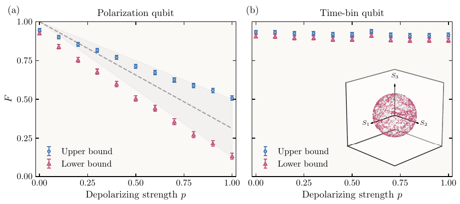 Fidelity bounds for the polarization and time-bin encoded ion-photon state as a function of the depolarizing strength p.